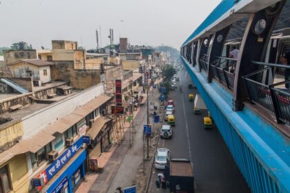 Ramakrishna Ashram Marg metro station in the center of Delhi, India.