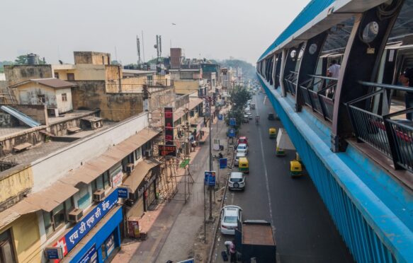 Ramakrishna Ashram Marg metro station in the center of Delhi, India.