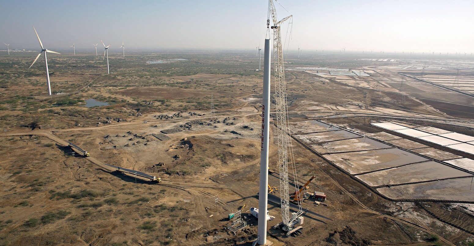 Aerial view of wind turbine construction, India.