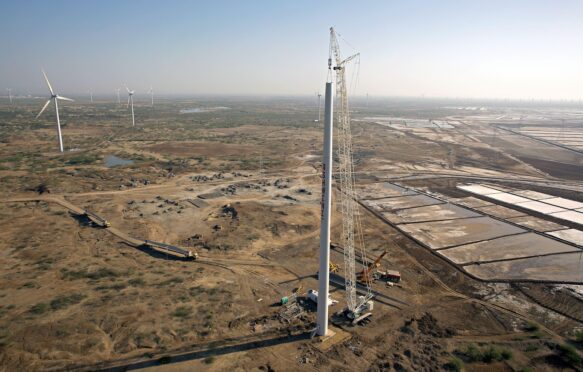 Aerial view of wind turbine construction, India.