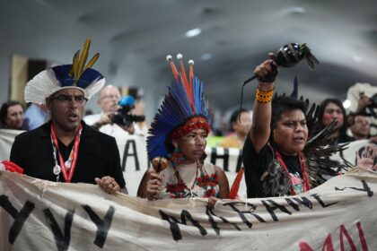 Indigenous activists at a protest in the COP30 venue in Belém, Brazil on 21 November 2025.