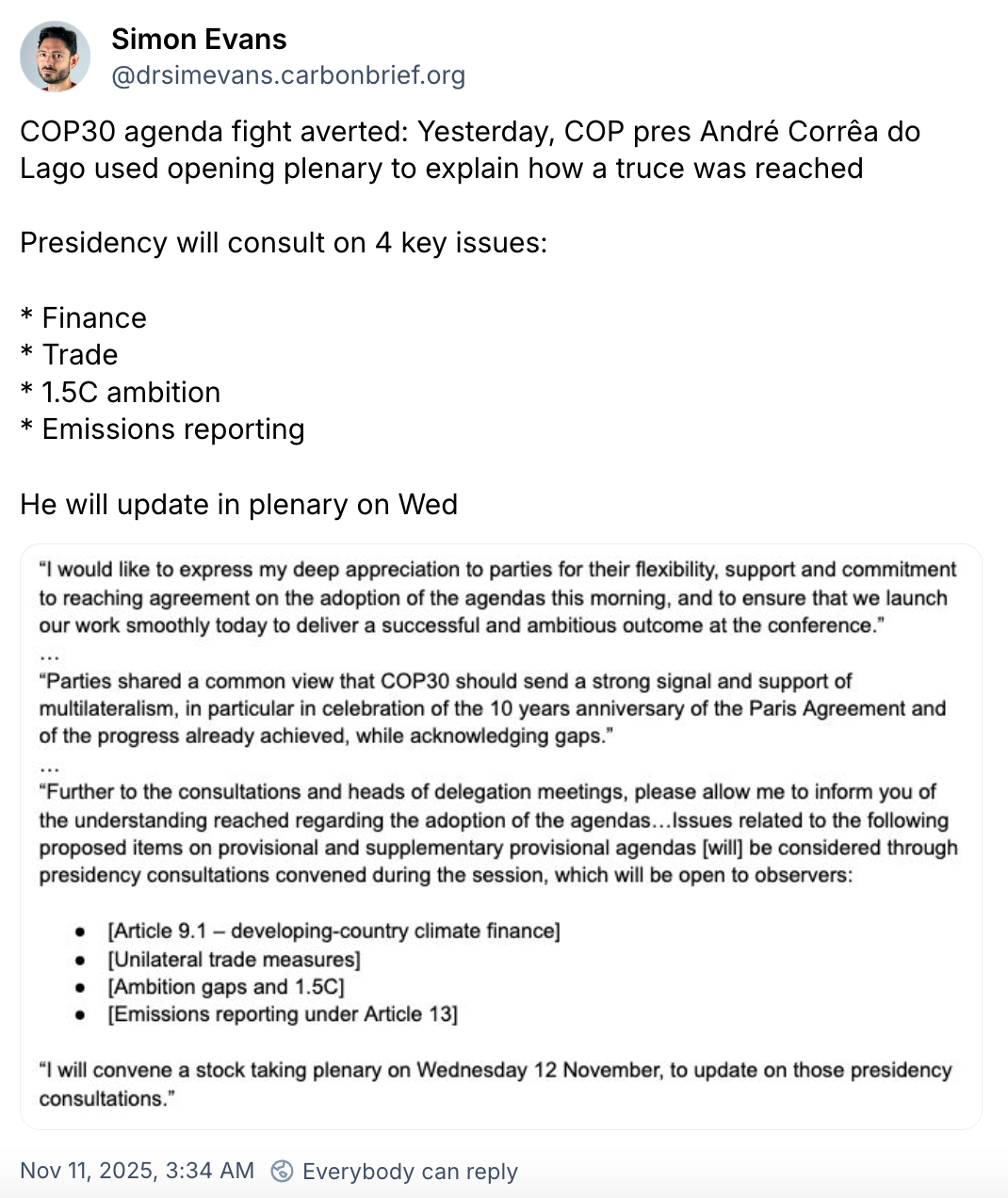 Simon Evans on Bluesky: COP30 agenda fight averted
