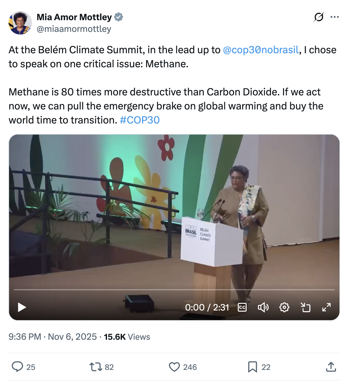 Mia Amor Mottley on X/Twitter (@miaamormottley): "At the Belém Climate Summit, in the lead up to @cop30nobrasil , I chose to speak on one critical issue: Methane. Methane is 80 times more destructive than Carbon Dioxide. If we act now, we can pull the emergency brake on global warming and buy the world time to transition. #COP30"