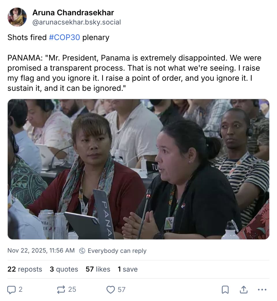 Aruna Chandrasekhar on Bluesky: Shots fired COP30 plenary