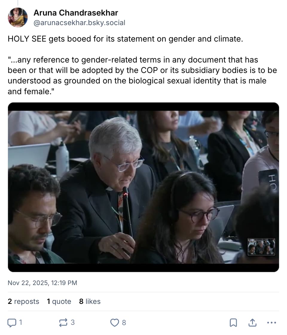 Aruna Chandrasekhar on Bluesky: HOLY SEE gets booed for its statement on gender and climate.