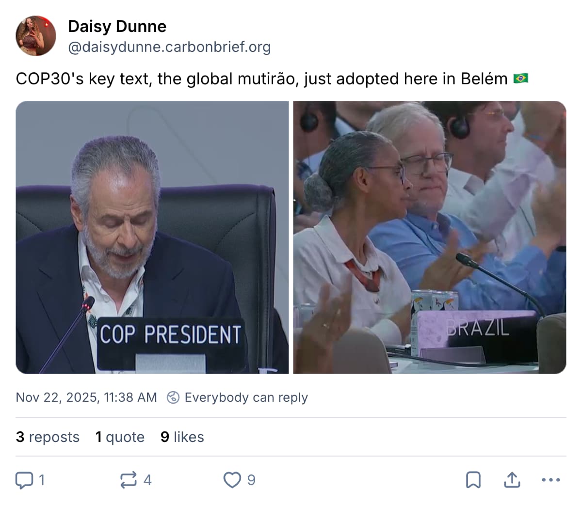 Daisy Dunne on Bluesky: COP30's key text, the global mutirão, just adopted here in Belém