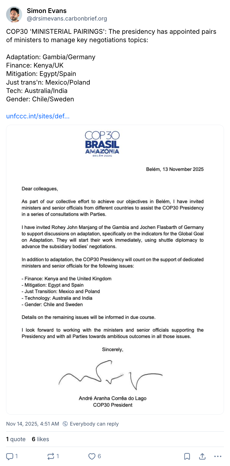 Simon Evans on Bluesky: COP30 'MINISTERIAL PAIRINGS'