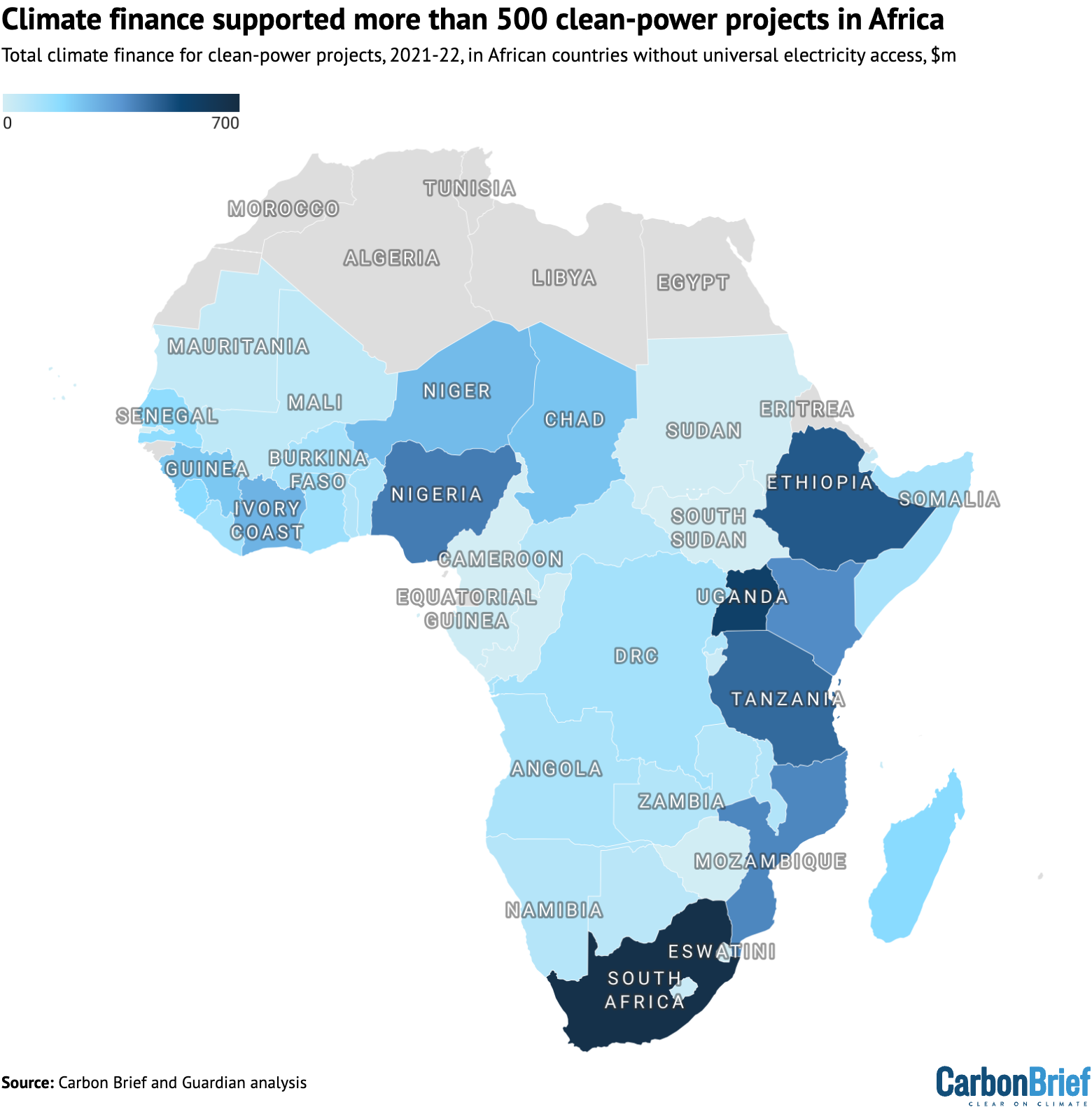 Climate finance for clean-power projects, 2021 and 2022, in African nations that have less than 100% electricity access, according to World Bank figures. 