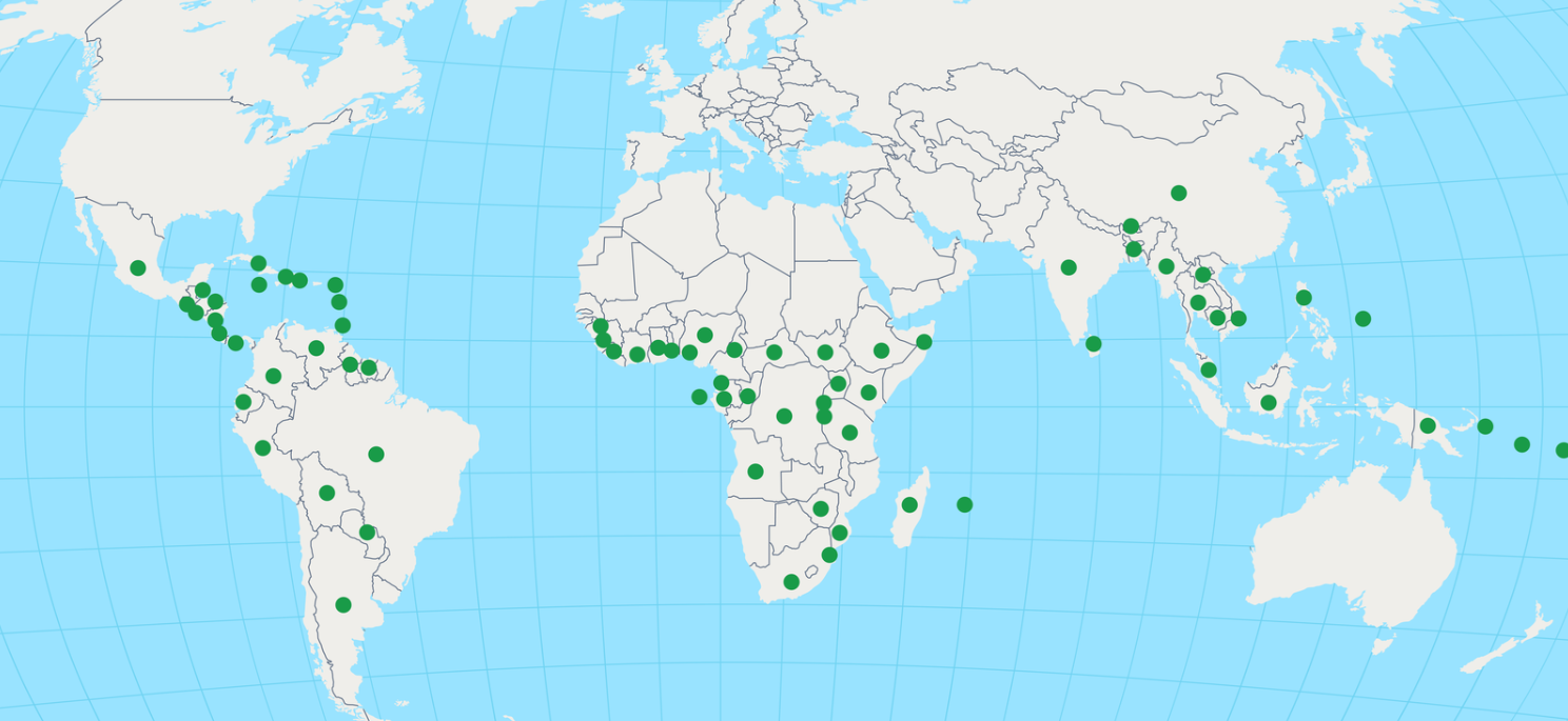 Global map showing around 74 countries with tropical rainforests marked with green dots are potential recipients of the TFFF. Source: COP30 official website.