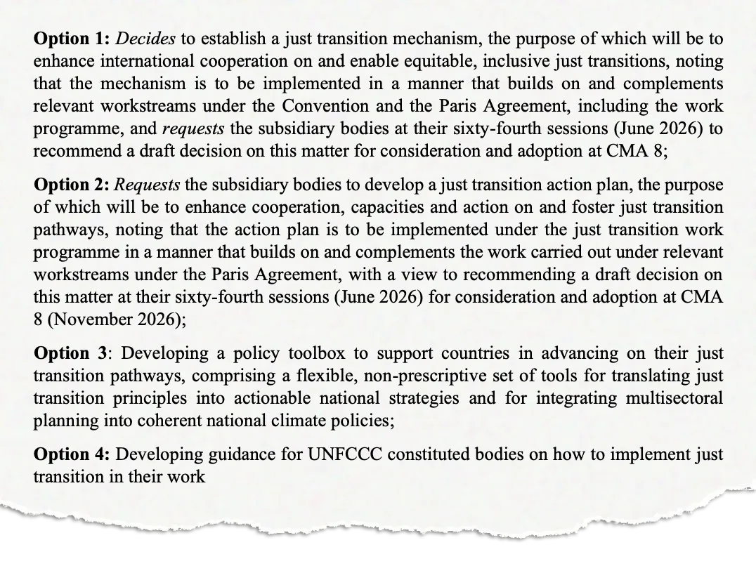 Options for the creation of a just transition mechanism or action plan within a draft JTWP text of 17 November.