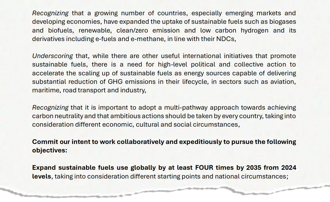 An excerpt of the Belém 4x pledge calling for a quadrupling of “sustainable fuels use” globally, while referring to the increased uptake of biofuels. Source: Government of Brazil (2025)