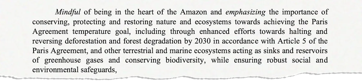 "Mindful of being in the heart of the Amazon and emphasizing the importance of conserving, protecting and restoring nature and ecosystems towards achieving the Paris Agreement temperature goal, including through enhanced efforts towards halting and reversing deforestation and forest degradation by 2030 in accordance with Article 5 of the Paris Agreement, and other terrestrial and marine ecosystems acting as sinks and reservoirs of greenhouse gases and conserving biodiversity, while ensuring robust social and environmental safeguards,"