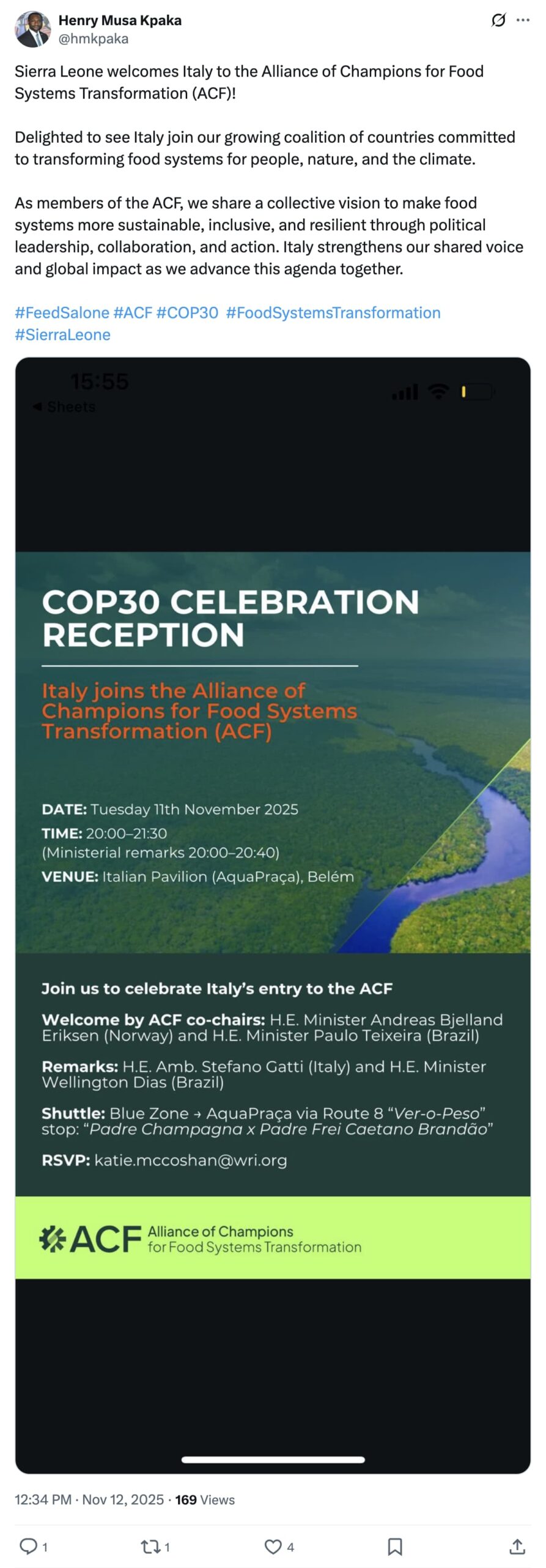 Henry Musa Kpaka on X: Sierra Leone welcomes Italy to the Alliance of Champions for Food Systems Transformation