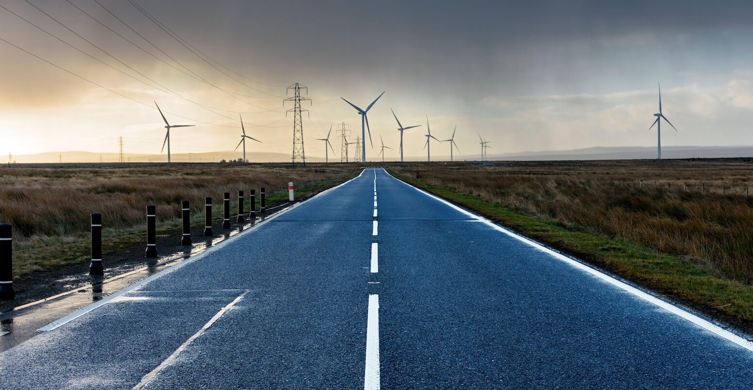 Wind mills along the A9 trunk road in Caithness, Scotland.