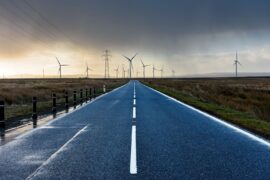 Wind mills along the A9 trunk road in Caithness, Scotland.