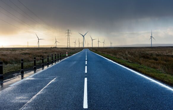 Wind mills along the A9 trunk road in Caithness, Scotland.