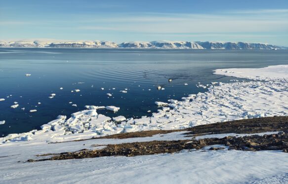 Fishing boats returning in the open water in front of the village of Qaanaaq, north-west Greenland 25 May, the earliest in the record for this event. Credit: Ruth Mottram, DMI