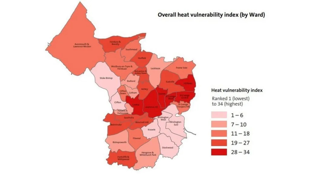 Overall heat vulnerability index (by ward), Bristol