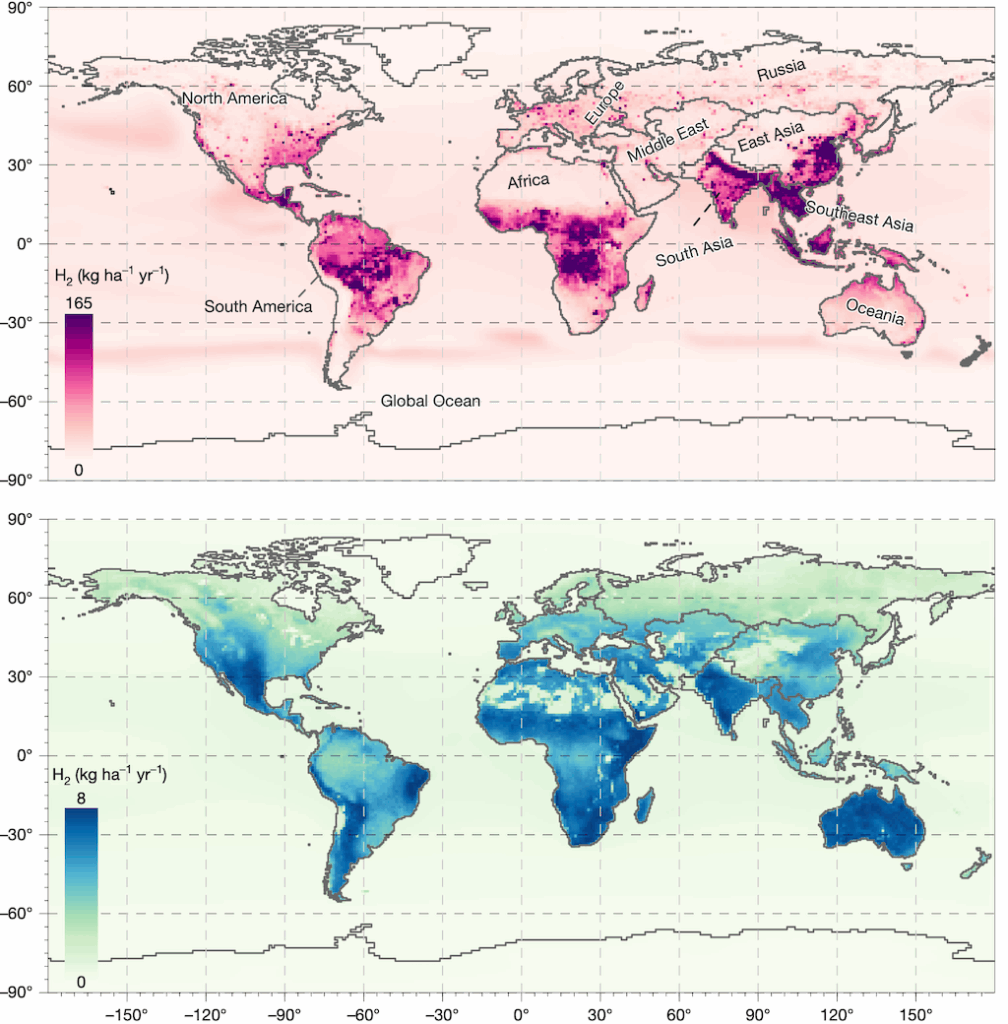 Sources (top) and sinks (bottom) of hydrogen over 1990-2020.