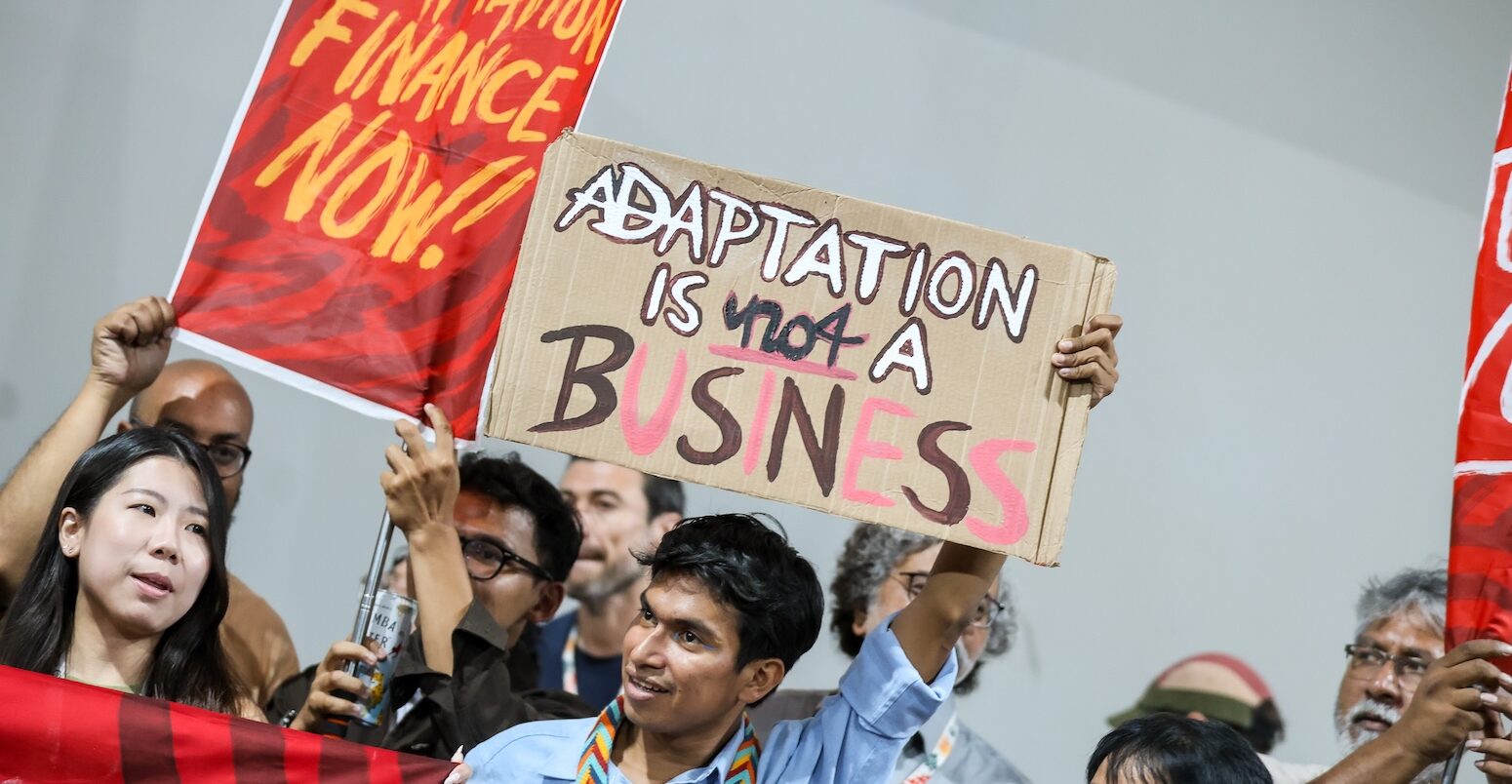 Protestors hold up signs and flags. One says 'adaptation is not a business' and one says 'means-based adaptation finance now!'.