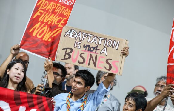 Protestors hold up signs and flags. One says 'adaptation is not a business' and one says 'means-based adaptation finance now!'.