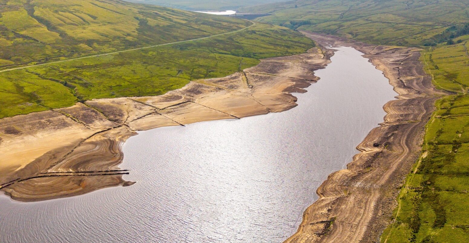 Low water levels in Scar House Reservoir during the 2025 heatwave and drought, UK.