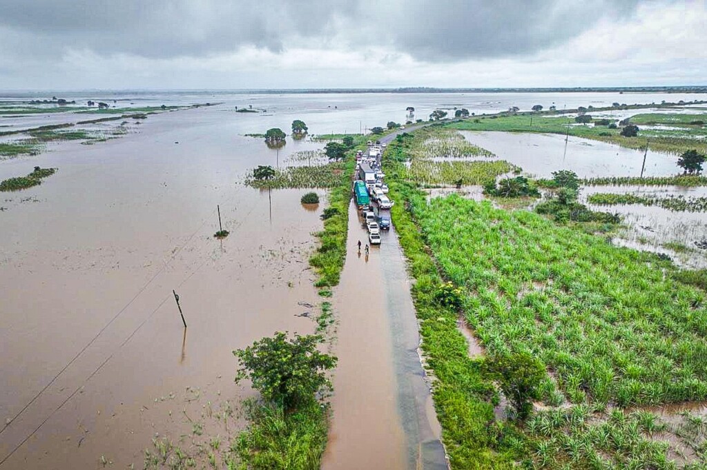 Aerial view of a flooded road and surrounded landscape, Mozambique.