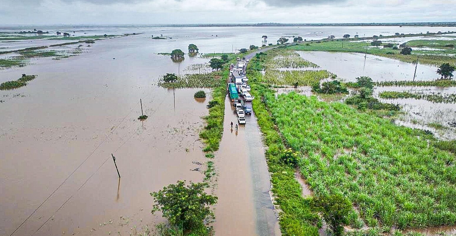 Aerial view of a flooded road and surrounded landscape, Mozambique.