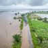 Aerial view of a flooded road and surrounded landscape, Mozambique.