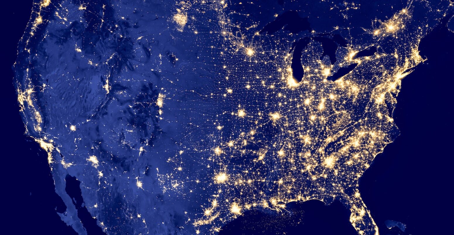 Satellite image of US at night.
