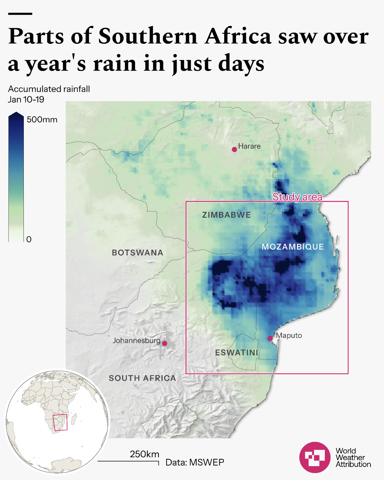 Satellite image of southern Africa showing that some areas saw over a year's rain in just days