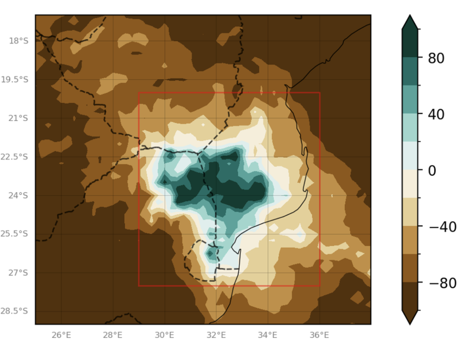 Accumulated rainfall over Eswatini, Mozambique, South Africa and Zimbabwe over 10-19 January 2026, shown as a percentage of the average December-February rainfall for the region over 1991-2020. The study region is outlined in dark red. Source: WWA (2026).