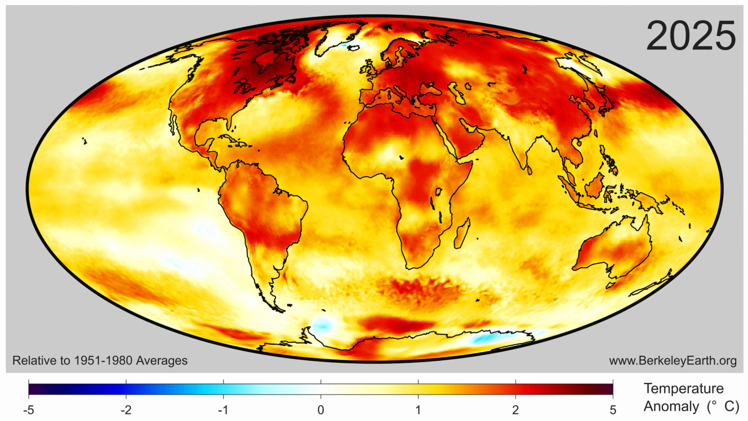 Surface temperature anomalies for 2025 from Berkeley Earth. Note that Berkeley uses a 1951-80 baseline here to show anomalies.