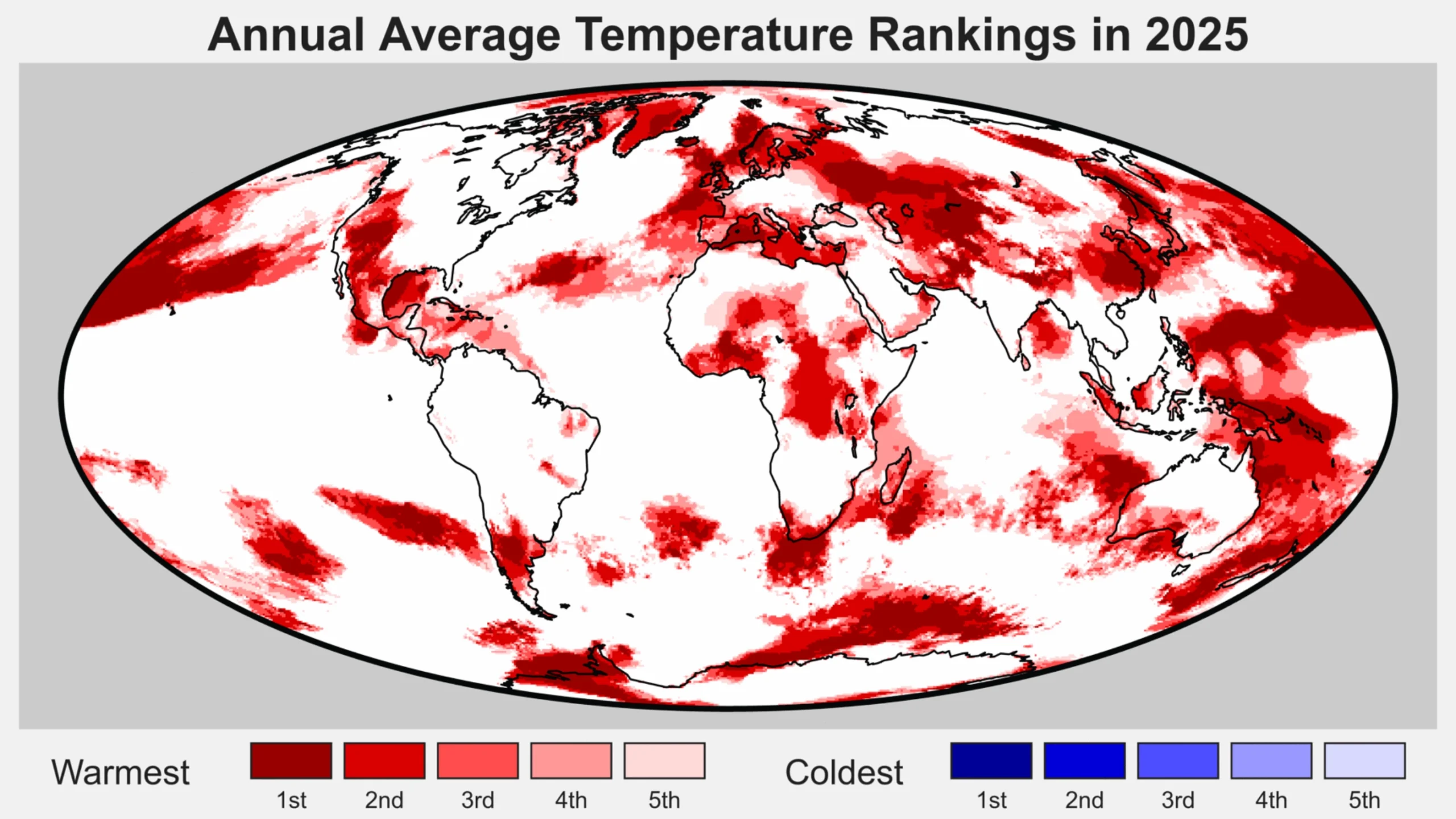Regions of the world among the five warmest (reds) of five coolest (blues) on record for average annual temperatures in 2025. Figure from Berkeley Earth.