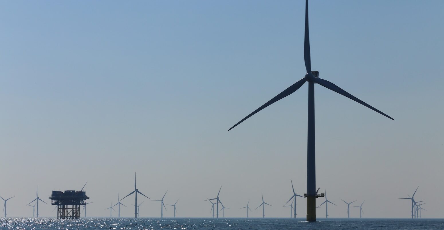 View of the offshore windmills of Rampion, off the coast of Brighton, Sussex, UK.