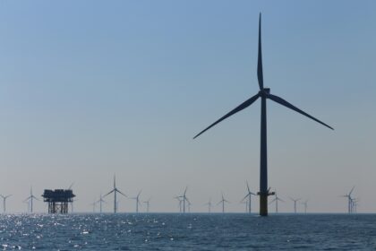 View of the offshore windmills of Rampion, off the coast of Brighton, Sussex, UK.
