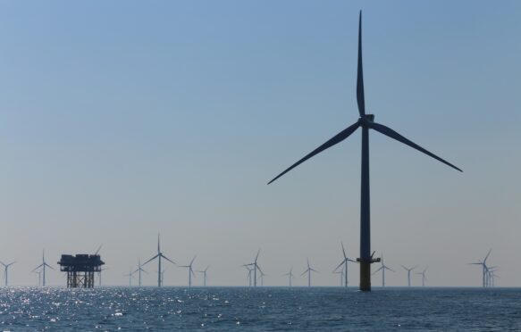 View of the offshore windmills of Rampion, off the coast of Brighton, Sussex, UK.