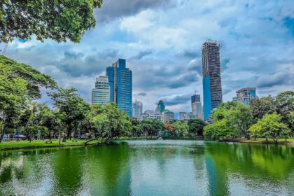 Bangkok skyline from Lumphini Park, Thailand.