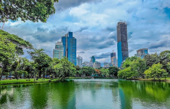 Bangkok skyline from Lumphini Park, Thailand.
