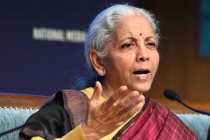 India’s finance minister Nirmala Sitharaman addresses a press conference after the presentation of India’s 2026 budget.