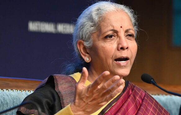 India’s finance minister Nirmala Sitharaman addresses a press conference after the presentation of India’s 2026 budget.