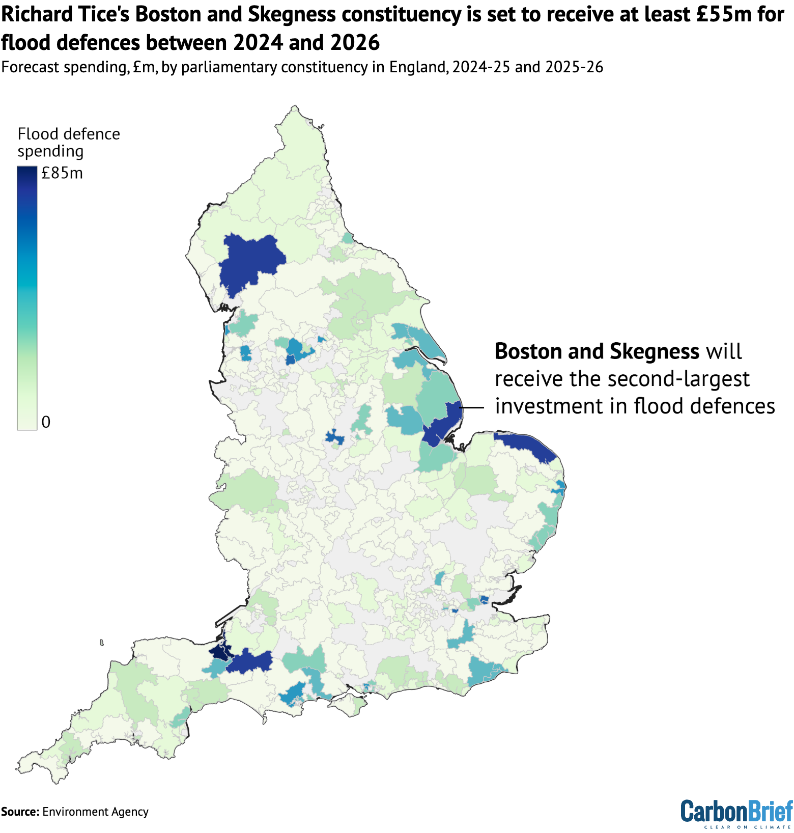 Map of England showing that Richard Tice's Boston and Skegness constituency is set to receive at least £55m for flood defences between 2024 and 2026