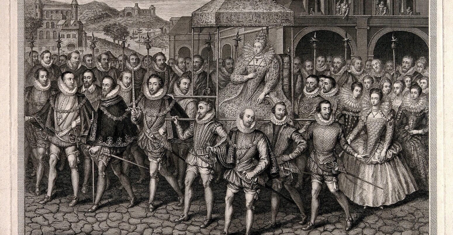 Procession of Queen Elizabeth I surrounded by her courtiers.