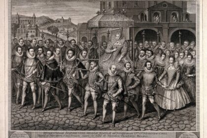Procession of Queen Elizabeth I surrounded by her courtiers.