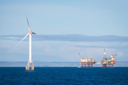 Wind turbine generators in the Moray Firth, Scotland.