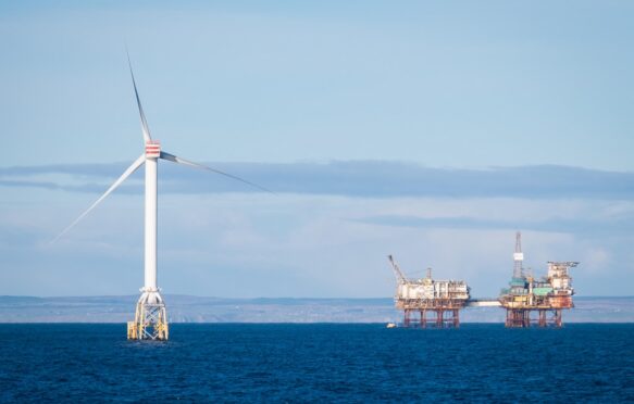 Wind turbine generators in the Moray Firth, Scotland.