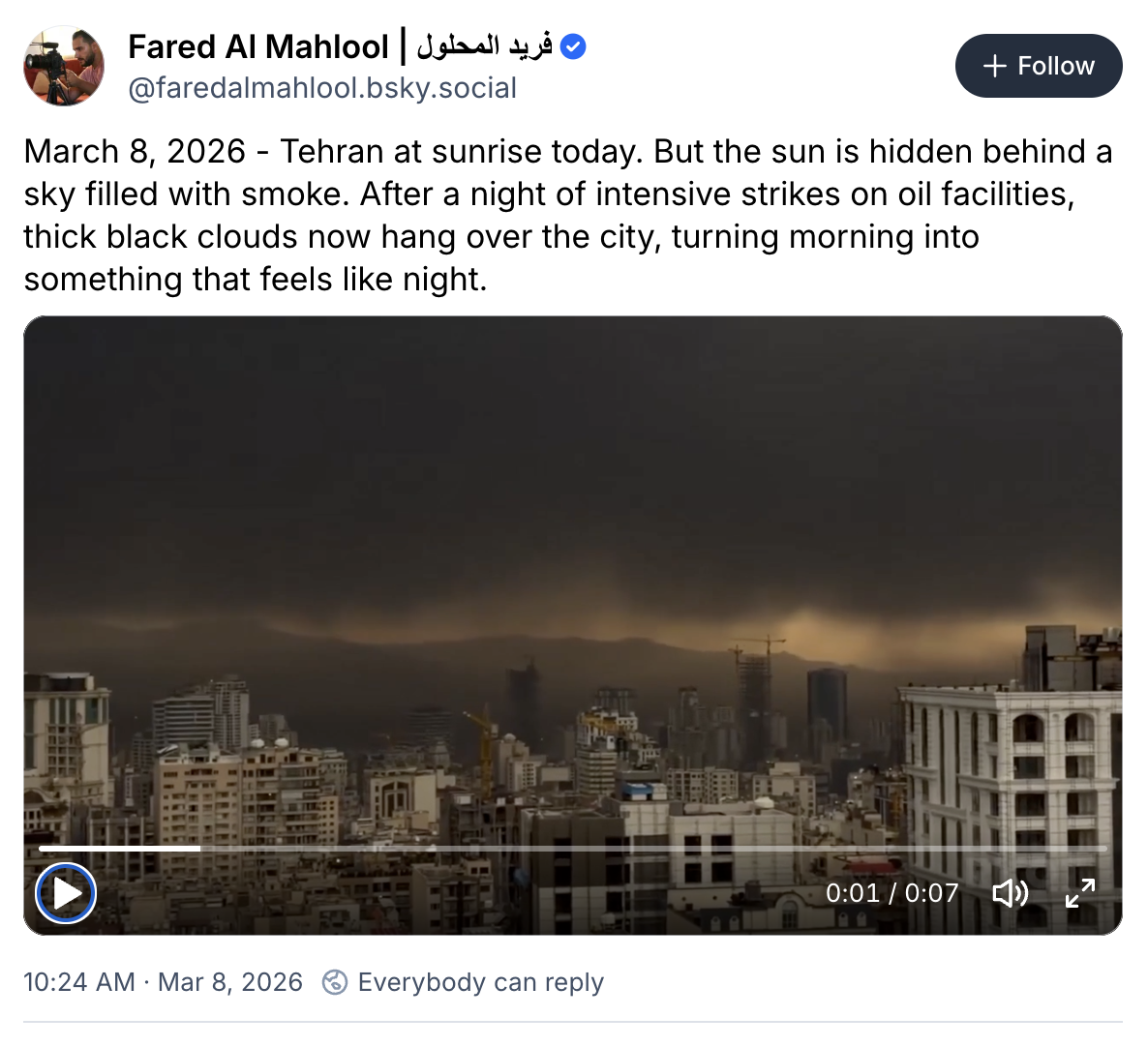 Fared Al Mahlool on Bluesky: March 8, 2026, Tehran at sunrise today