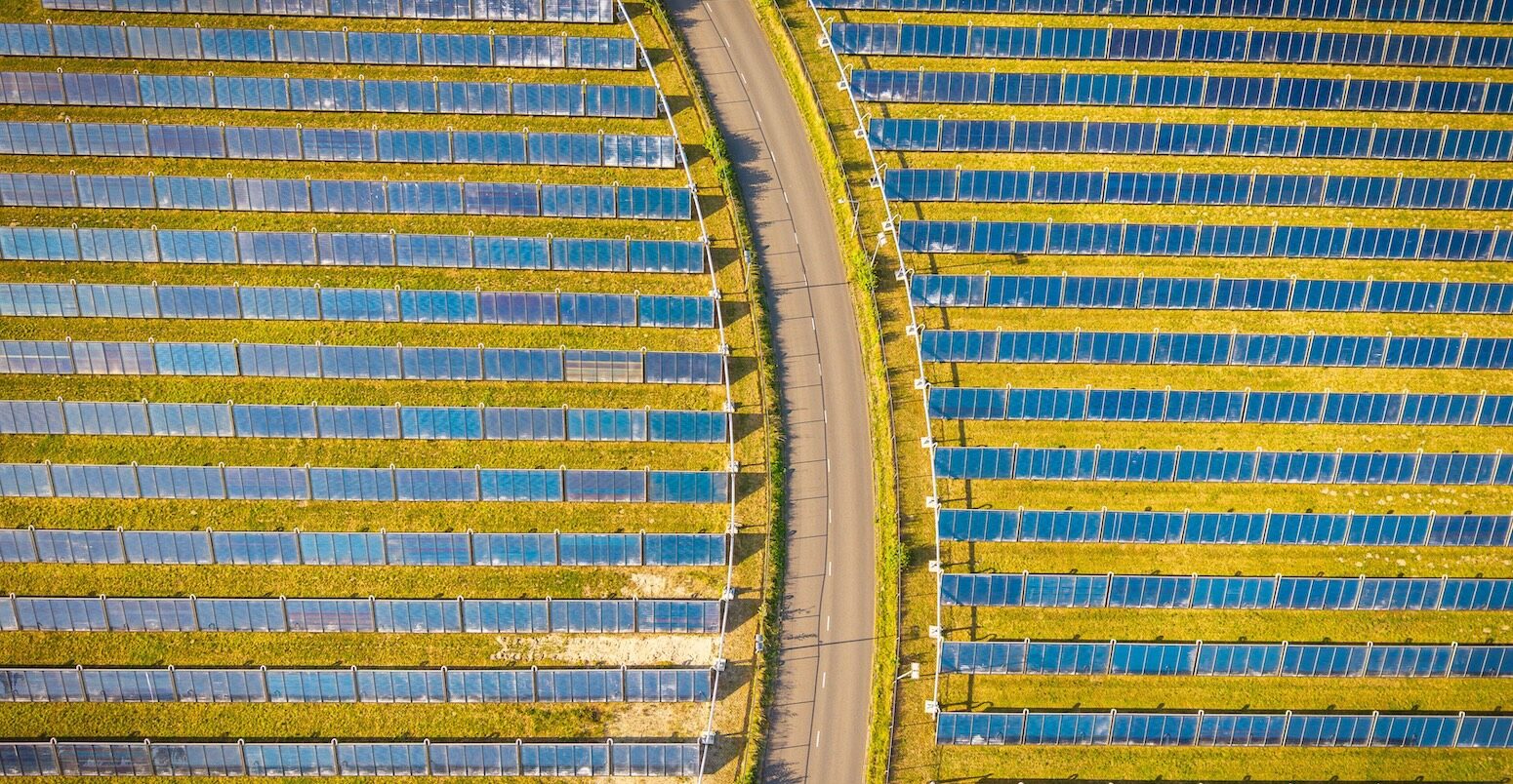 Aerial view of a solar farm.