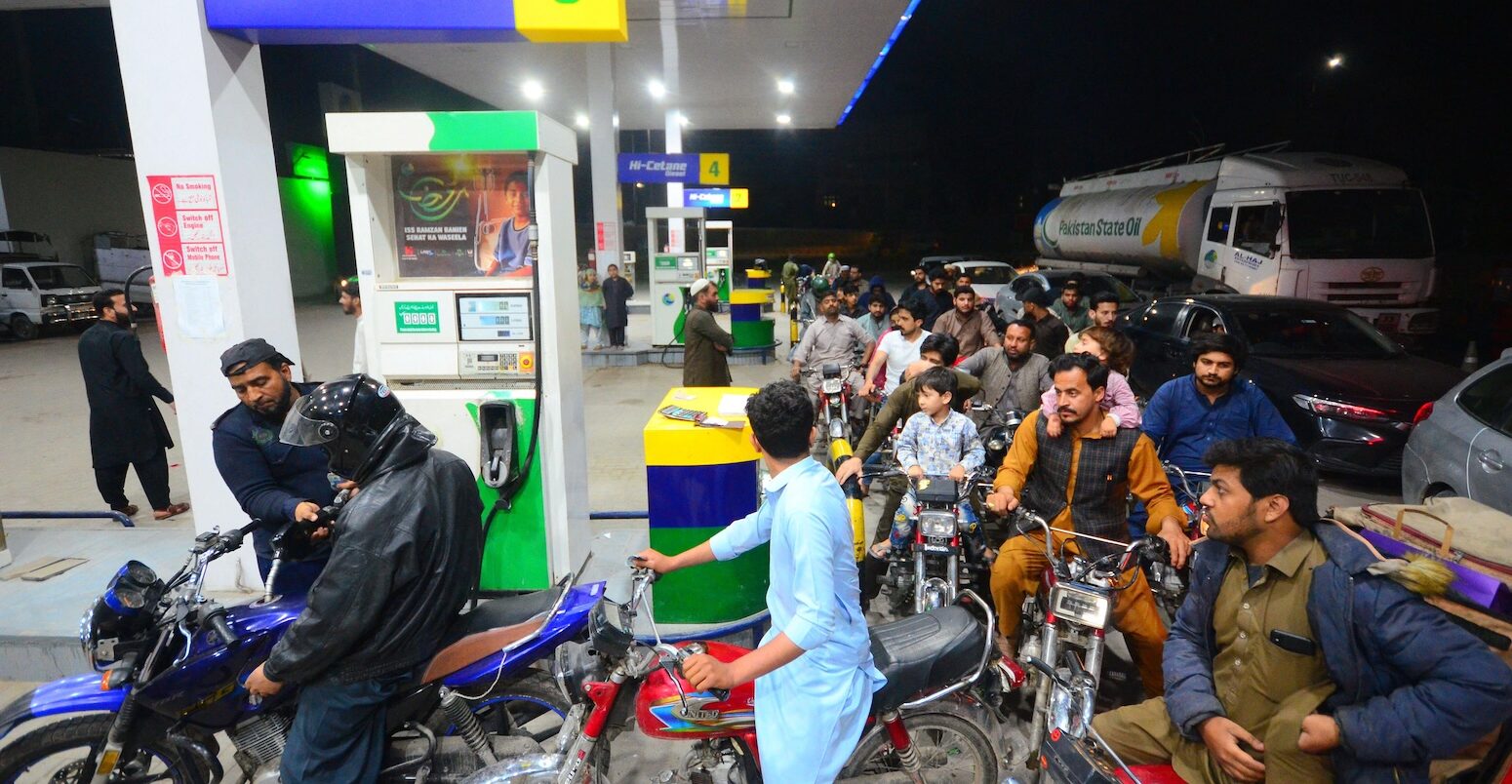 Vehicles queue for fuel in Peshawar, Pakistan on 3 April 2026.