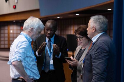 IPCC chair Jim Skea consults with vice-chair Ladislaus Chang'a, deputy secretary Ermira Fida and secretary Abdalah Mokssit